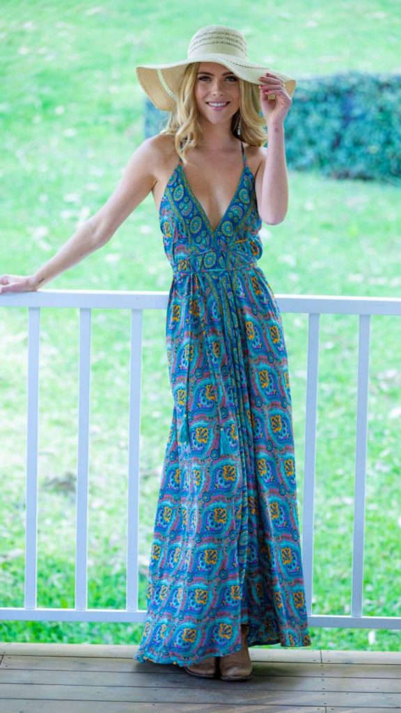 Blue flirty floral maxi dress with hat