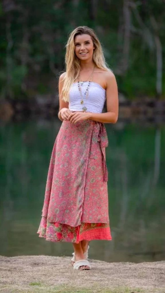 Boho pink reversible wrap skirt with bandeau top