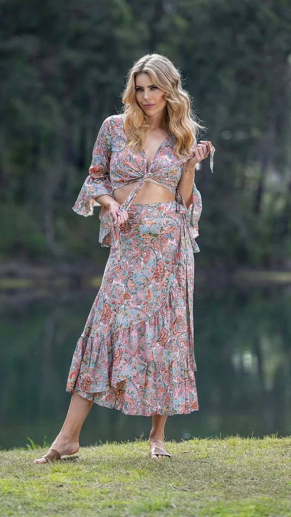Matching printed top and wrap skirt summer fashion